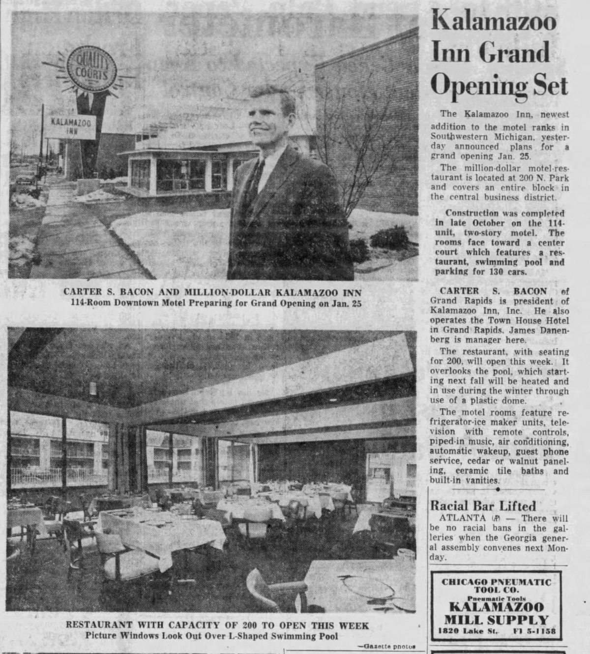 Kalamazoo Inn (Valley Inn Motel) - Jan 13 1963 Article